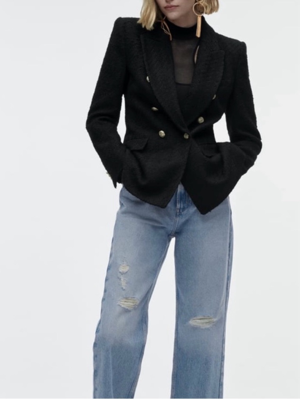 ZARA Bouclé Double Breasted Blazer Black Gold Buttons Women’s M